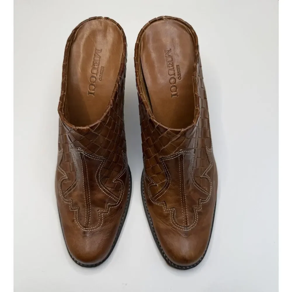 Sesto Meucci Womens Western High Heels Woven Leather Mules Sz 6 Italy